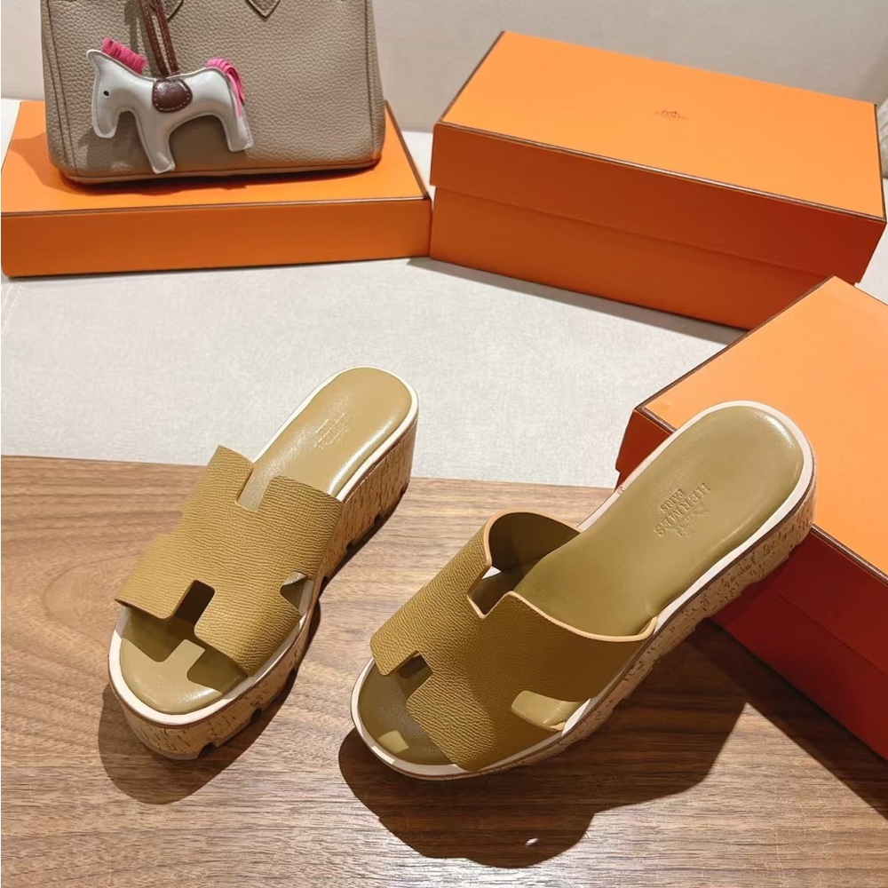 Hermes Women's Tan Wedge Sandals - Picture 6 of 8